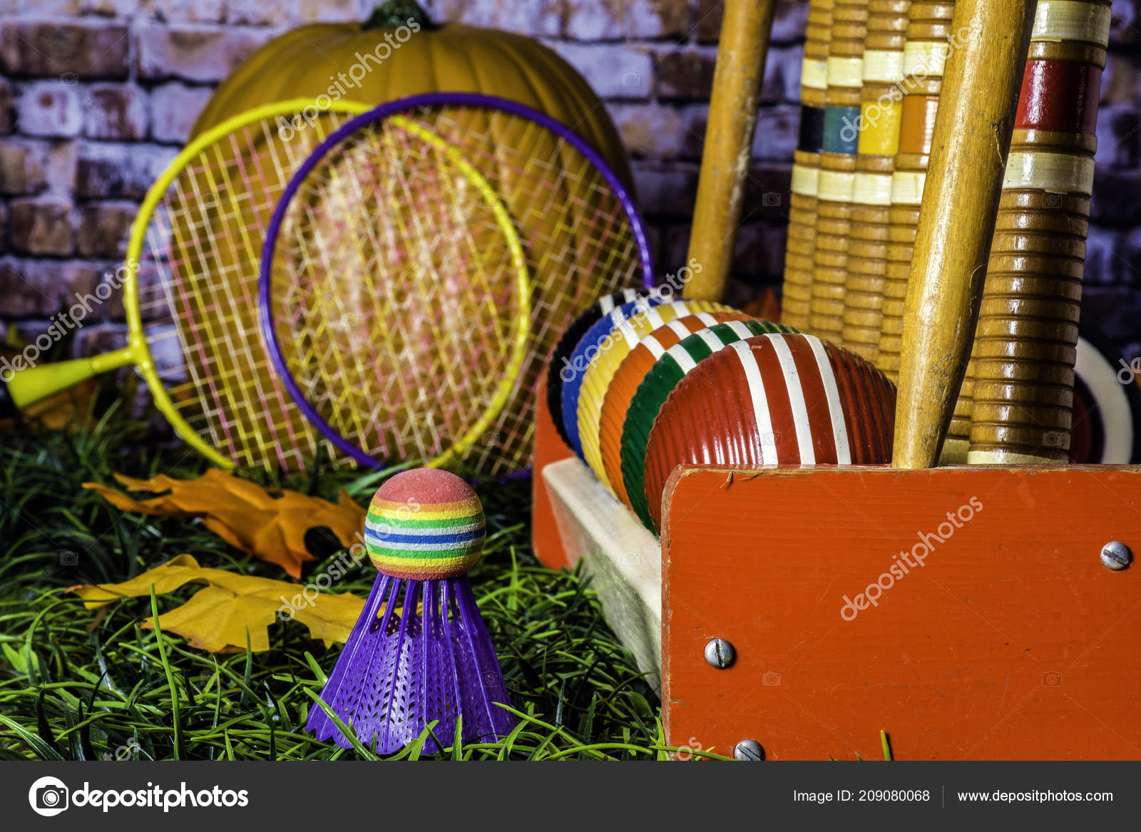 Old Wooden Croquet Set Colorful Striped Wood Green Grass Old Wooden Croquet Set Colorful Striped Wood Green Grass Stock Photo