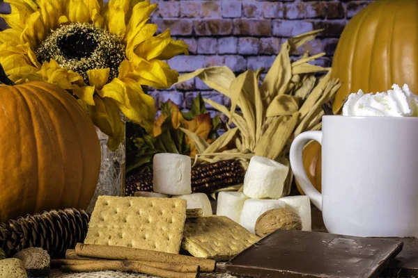 Cena Queda Com Biscoitos Finos Chocolate Marshmallows Para Mores Laranja — Fotografia de Stock