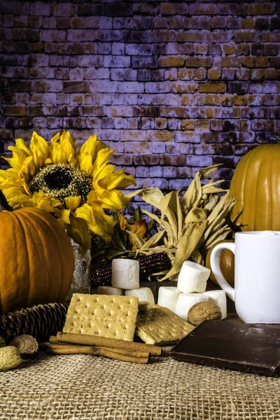 Herbst Szene Mit Graham Crackers Schokolade Marshmallows Für Riecht Orange — Stockfoto