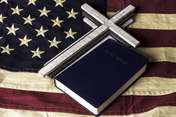 Kereszt Kék Biblia Régi Kinéző Tea Folt Pamut Amerikai Zászló — Stock Fotó