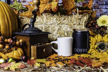 portakal kabaksarı ayçiçeği sonbahar yaprakları kahve çekirdekleri ve saman arka plan balya yaprakları çevrili ahşap masada vintage kahve öğütücü siyah kahve kutusu beyaz kahve bardağı ile sonbahar sahnesi