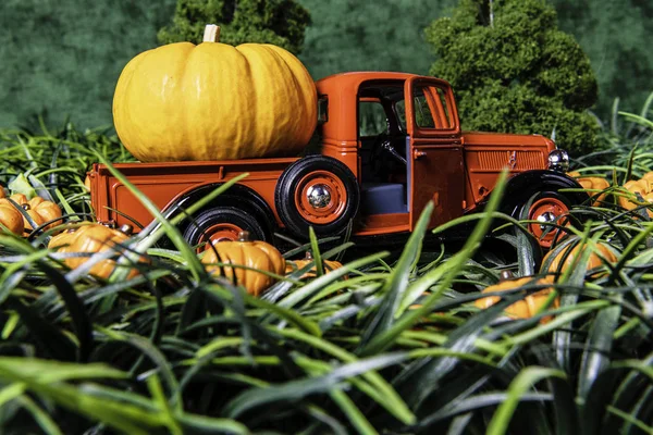 秋天的场景与老红色玩具拿起卡车与大橙色南瓜在南瓜补丁万圣节在高绿草和绿色背景 — 图库照片
