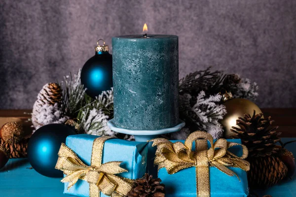 Christmas Still Life Blue Presents Ornaments Burning Candle Blue Garland — Stock Photo, Image