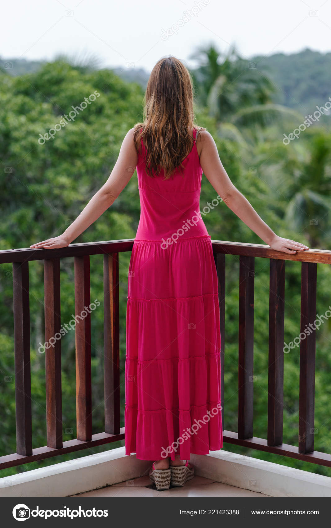 Young Woman Dress Standing Balcony Tropical Country Look Forward Jungle  Stock Photo by ©Drablenkov 221423388