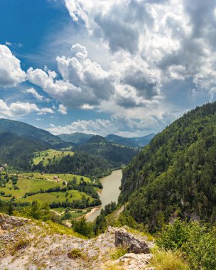 Yüksekliği ve Tara Milli parkta yaz günü Sırbistan'daki bir nehir Beli Rzav Zaovine ve Spajici Gölü manzaralı