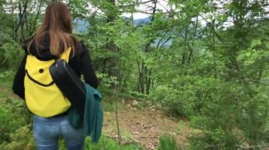 Kadın gezgin ormandaki yeşil ağaçların arasında vahşi doğada bir sırt çantası ile yaz aylarında aşağı gider. Ağır çekim arkadan görünüm