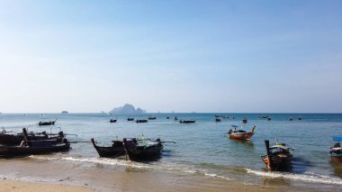 Ao Nang, Krabi, Tayland - 21 Ocak 2019: Birçok Tay uzun kuyruk geleneksel tekne deniz güneşli bir plaj su