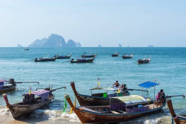 Birçok demirlemiş Tay yerel uzun kuyruk sabah deniz suyunda kıyıya yakın yüzer