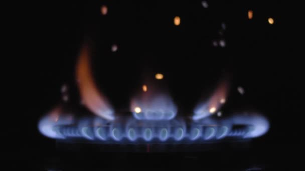 Gas Blue Flame Stove Burning Darkness Slow Motion Particles Fly