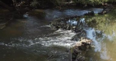 Rus doğasında nehirde akan su. Yazın kırsal alan. Nehirde taş baraj