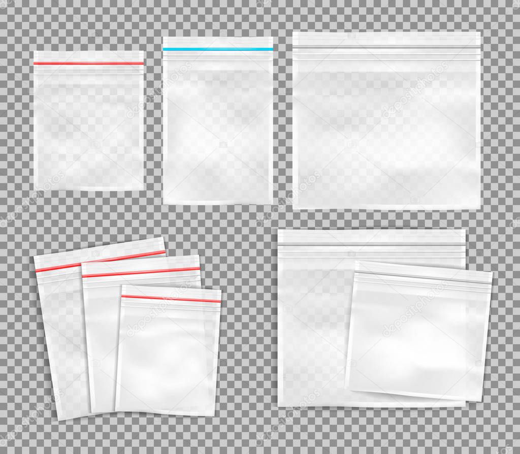 Collection of zipper lock bags. Transparent empty plastic packaging. Eps 10 vector illustration.