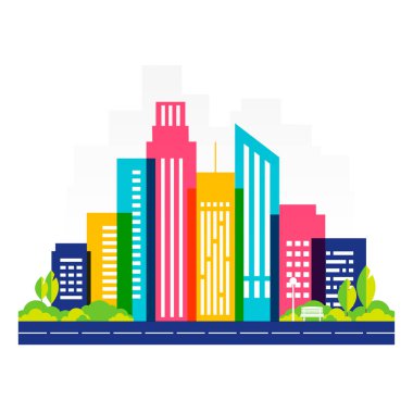 Şehir peyzaj şablonu. Yüksek gökdelenleri olan şehir merkezi manzarası. Kentsel yaşam 10 vektör illüstrasyonuna yol açıyor.