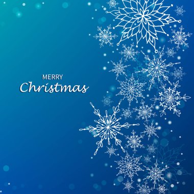 Mavi Noel arkaplanı ve kar taneleri. El çizimi tarzında şenlikli bir kış geçmişi. Eps 10 vektör illüstrasyonu.