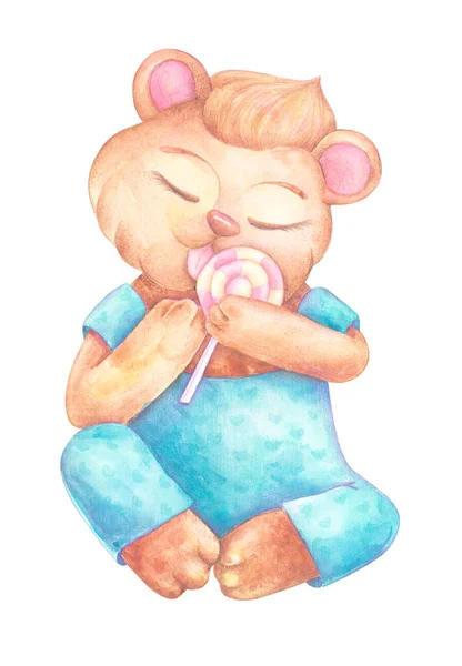 Netter Bär Mit Einem Bonbon Aquarell Gemälde Kinderillustration Für Karten — Stockfoto