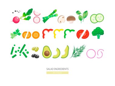 Beyaz arka planda izole edilmiş salata sebzeleri ve baharatlar. Sağlıklı yaşam tarzı ve vejetaryen yemek konsepti. Çiğ sebzeli vegan yemeği EPS 10 vektör illüstrasyonu.