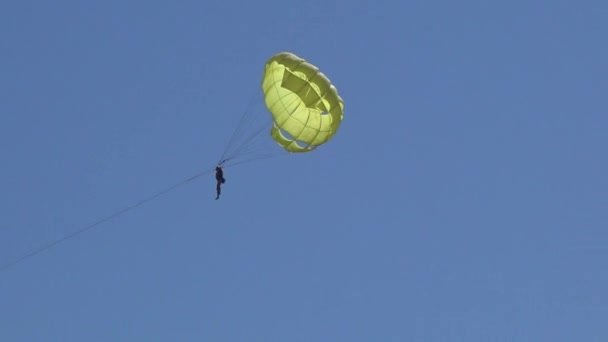 在蓝天上高高的伞兵 绑在绳子上 — 图库视频影像
