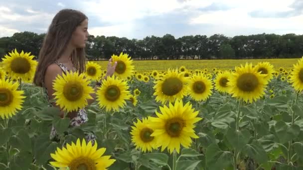 Meisje Onder Bloeiende Zonnebloemen — Stockvideo