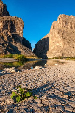 Texas 'ta kurumuş çamur. Rio Grande Nehri 'nden uçurumlar dik bir şekilde yükselir. Santa Elena Kanyonu 'nun Big Bend Ulusal Parkı manzarası. 