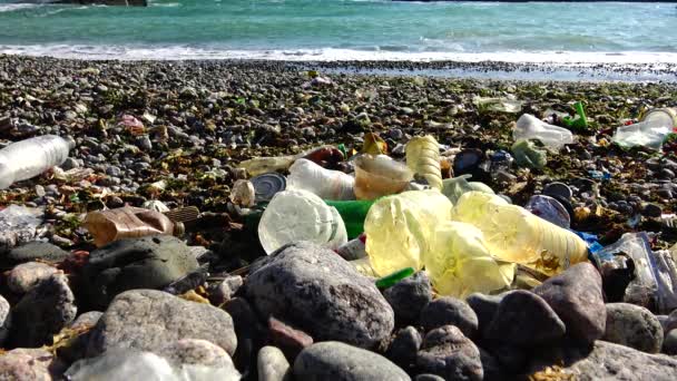 Problema Ecológico Basura Plástica Mar Orilla Contaminación Del Océano Mar — Vídeo de stock