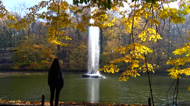 Ukrajina Uman Října 2019 Dívka Dívá Hadovitou Fontánu Sofijevském Parku — Stock video