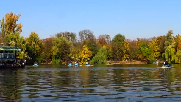 ウクライナ ドイツ 2019年10月19日 喜びのボートは湖の周りの観光客を転がします ソフィエフスキー公園 ウクライナ — ストック動画