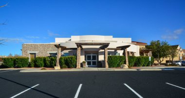 ABD, NEW MEXICO - 23 Kasım 2019: New Mexico, ABD 'deki bir Amerikan evi yakınlarındaki egzotik bitki ve ağaçlarla manzara tasarımı