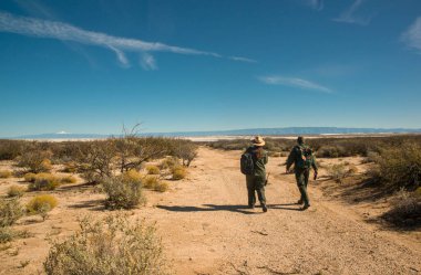 ABD, NEW MEXICO - 23 Kasım 2019: New Mexico 'daki alçı taşı çölü, korucular bir grup turisti New Mexico' daki dağların yakınındaki bir vadide bulunan Lucero gölüne götürüyor. 