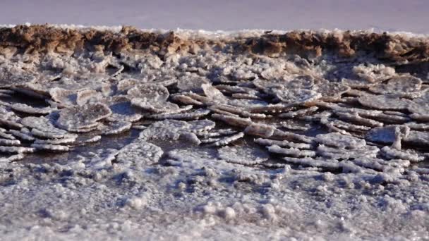库亚尼克河口 在河口底部和河岸以圆形煎饼的形式提供食盐 食盐晶体 — 图库视频影像