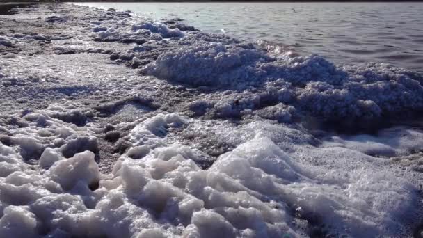 Kuyalnik河口 白い泡と塩湖の岸にテーブル塩カバー石の結晶 — ストック動画