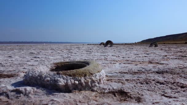 Lago Salato Cristalli Sale Sale Auto Sedimentante Copre Rocce Vecchie — Video Stock