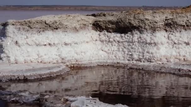 Соленое Озеро Кристаллы Соли Самооседающая Соль Покрывает Камни Гиперсалиновая Вода — стоковое видео