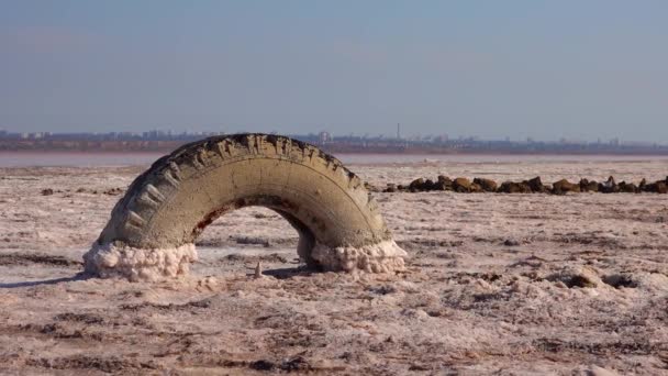 Дне Умирающего Устья Озеро Самооседающая Соль Покрывает Камни Старые Колеса — стоковое видео