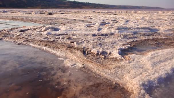 库亚尼克河口 在河口底部和河岸以圆形煎饼的形式提供食盐 食盐晶体 — 图库视频影像
