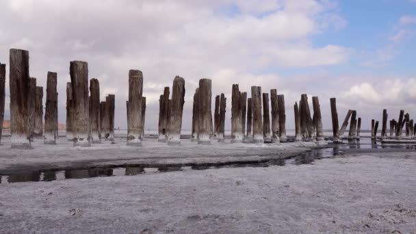 Séchage Estuaire Kuyalnik Cristaux Sel Sur Piliers Bois Une Ancienne — Video