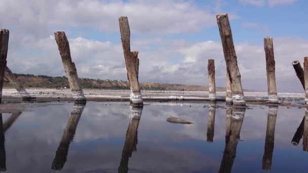 Secado Del Estuario Kuyalnik Cristales Sal Sobre Pilares Madera Una — Vídeo de stock