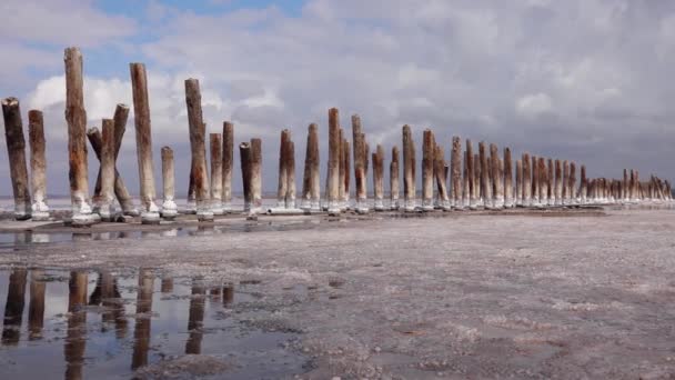 Secado Del Estuario Kuyalnik Cristales Sal Sobre Pilares Madera Una — Vídeos de Stock