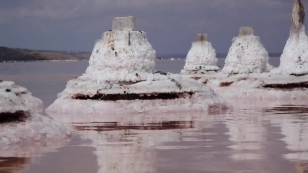 Drogen Kuyalnik Estuarium Zoutkristallen Houten Pilaren Van Een Oude 18E — Stockvideo