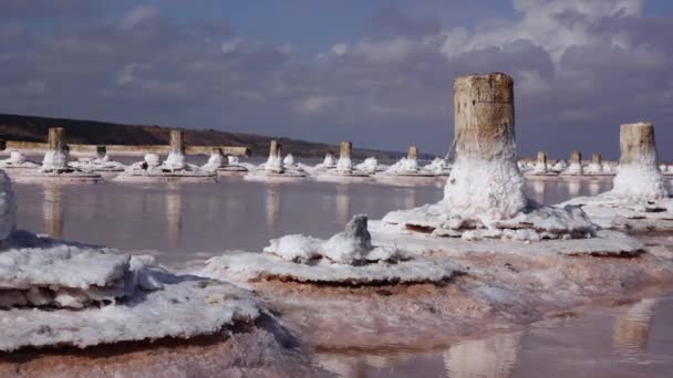 Essiccazione Estuario Kuyalnik Cristalli Sale Pilastri Legno Antica Industria Del — Video Stock