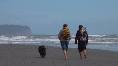 Pasifik Okyanusu kıyısında, köpekli turistler okyanus kıyısında yürüyorlar. Olympic Ulusal Parkı, ABD, Washington