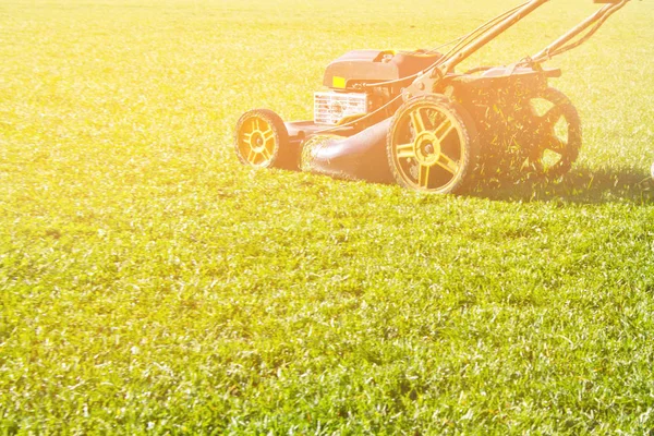 Klipper Gräset Fotbollsarena Solig Sommardag — Stockfoto