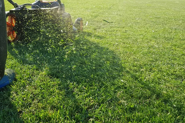 Mowing Grass Flies Lawn Mower — Stock Photo, Image