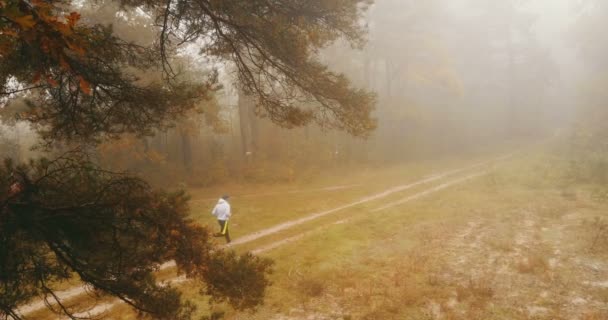 Aerial Runner Corriendo Por Camino Tierra Una Mañana Brumosa — Vídeos de Stock