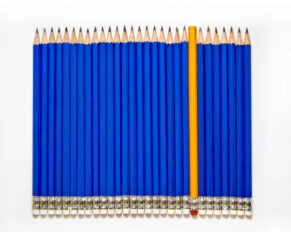 Олівці прості в синьому кольорі на білому тлі з видом зверху — стокове фото