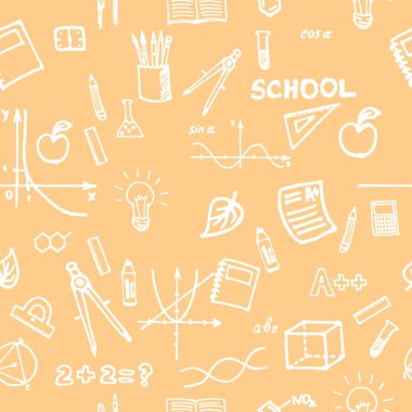 Okul, öğrenme. Okul malzemeleri ile sorunsuz desen. Çizelgeler, fonksiyonlar. Okul zamanı. Hafif hoş arka plan, tasarım elemanı, baskı, tekstil.