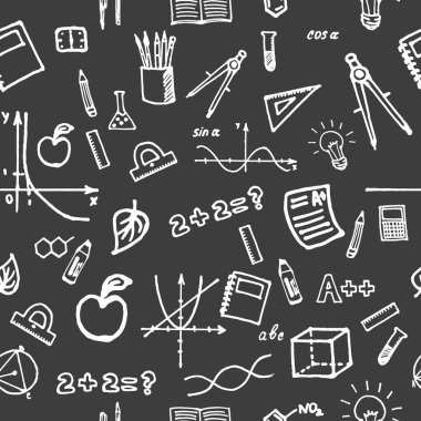 Okul, öğrenme. Okul malzemeleri ile sorunsuz desen. Çizelgeler, fonksiyonlar. Okul zamanı. Hafif hoş arka plan, tasarım elemanı, baskı, tekstil.