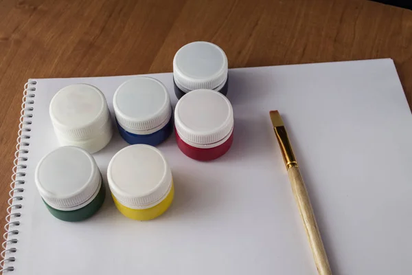 Paint Jars Brush Sketchbook Wooden Table Learning Draw Paints Gouache — Stock Photo, Image