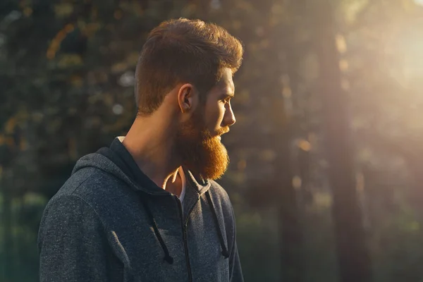 プロフィール若いハンサムな深刻なひげを生やした男 公園を歩いているヒップスター 森の中で日の出を見る男の肖像 広告のためのフリースペースをコピー — ストック写真