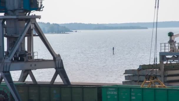 用海路送煤 港口船用起重机将煤从铁道车辆卸到海湾背景的干货船上 — 图库视频影像