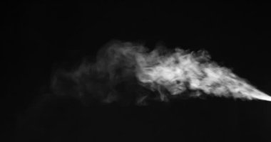 Beyaz akışı Microparticles. Soğuk beyaz buhar jet yavaş yavaş eriterek sağa soldan vuruyor. 120 fps hızında hareket