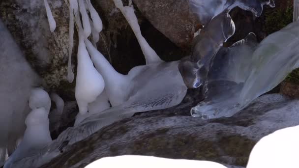 Das Gefrorene Wasser Auf Einem Felsen Inmitten Des Schnellen Gebirgsflusses — Stockvideo